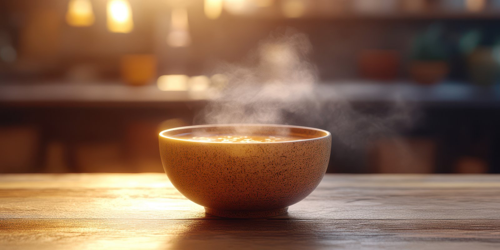 Comforting bowl of steaming soup on wooden table in a cozy kitchen during sunset